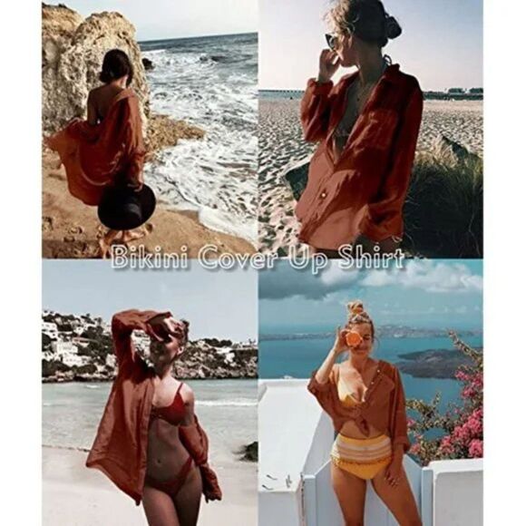 New Women’s Bikini Swimsuit Cover Up Button Down Bathing Suit, Clay - Picture 4 of 7
